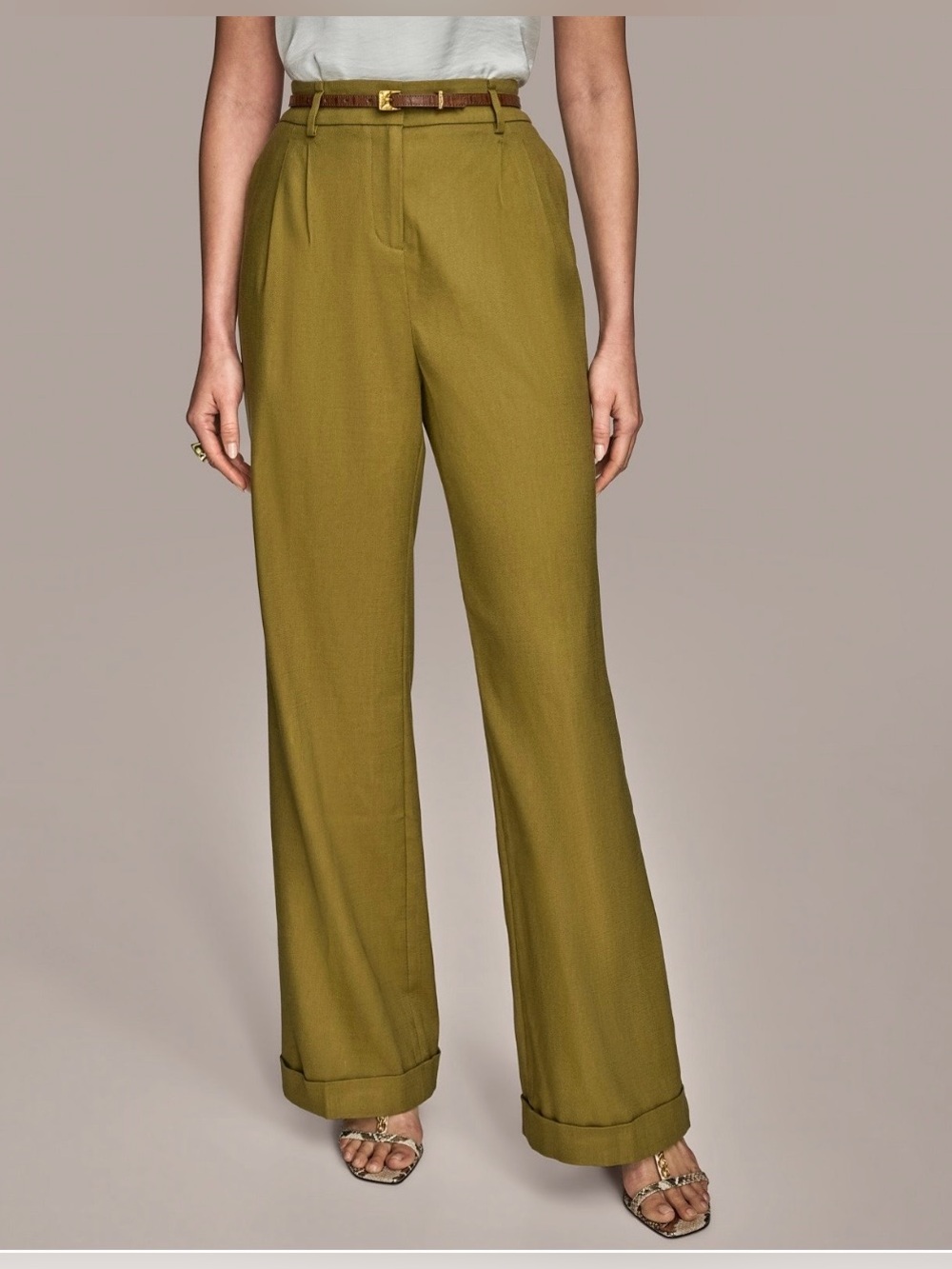 NWT Donna Karan Women's Petite Linen-Blend Wide-Leg Pants. 8P. Smokey Olive